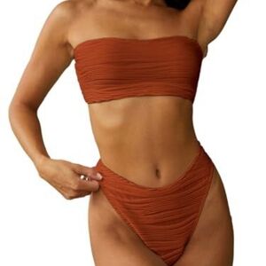 Zaful Orange Brown Bikini Set with Bandeau Top and High-Cut Bottoms, Brand New
